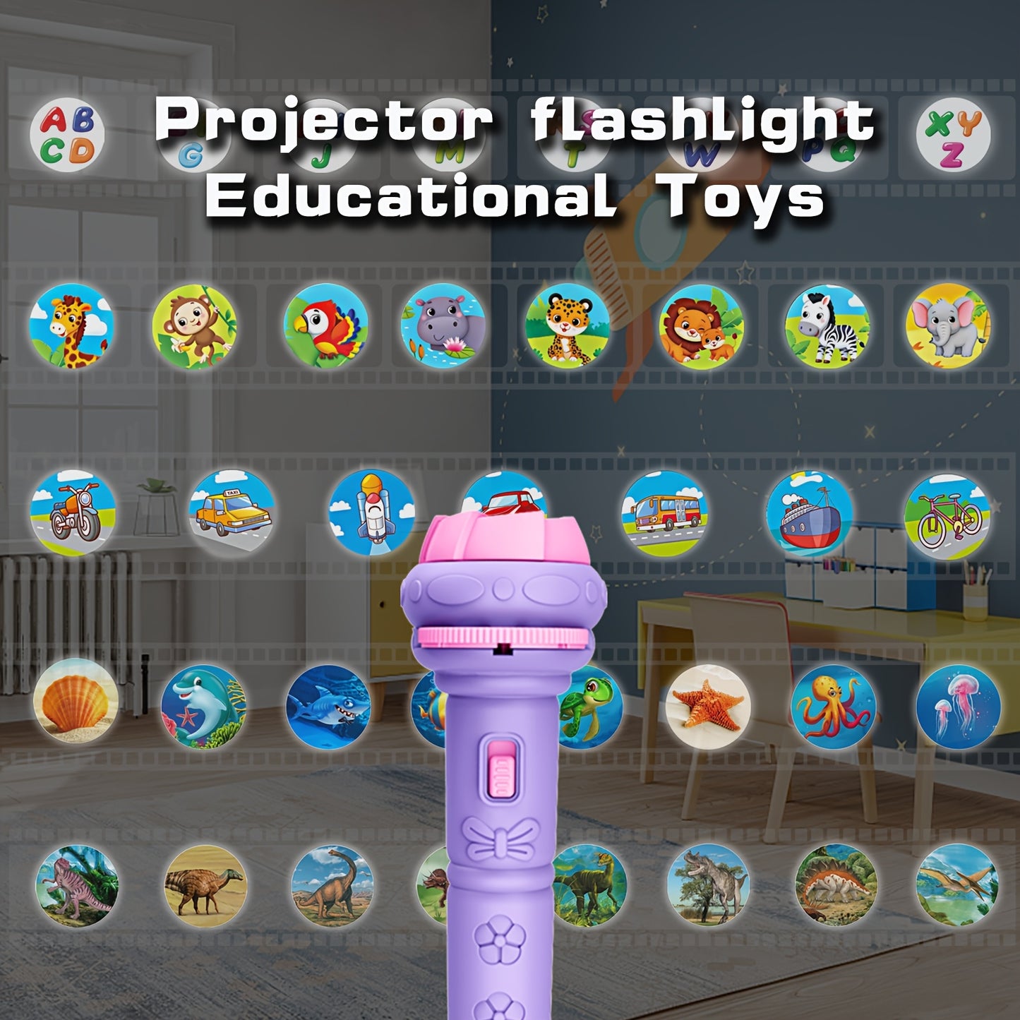 Projection Flashlight Toy – 32 Patterns with Animals, Dinosaurs & More