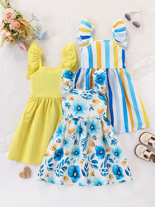 Girls' 3pcs Summer Set – Bubble Sleeve Dress with Striped Floral Print