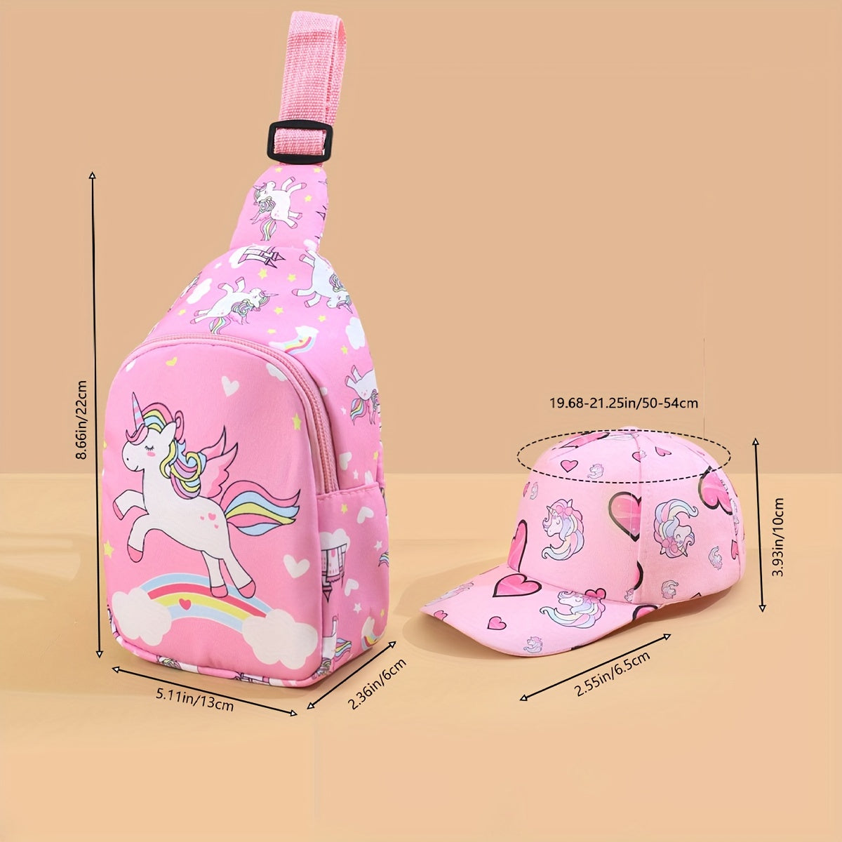 2pcs Unicorn & Hearts Cap + Chest Bag Set – Cute & Play-Ready for Girls