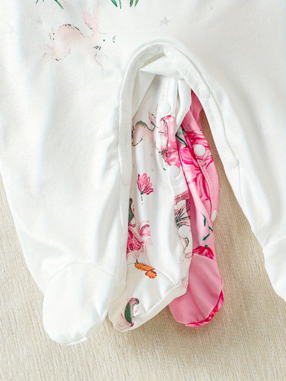 6pcs Newborn Girls' Romper Set – Floral Print Bodysuits with Bunny Hat