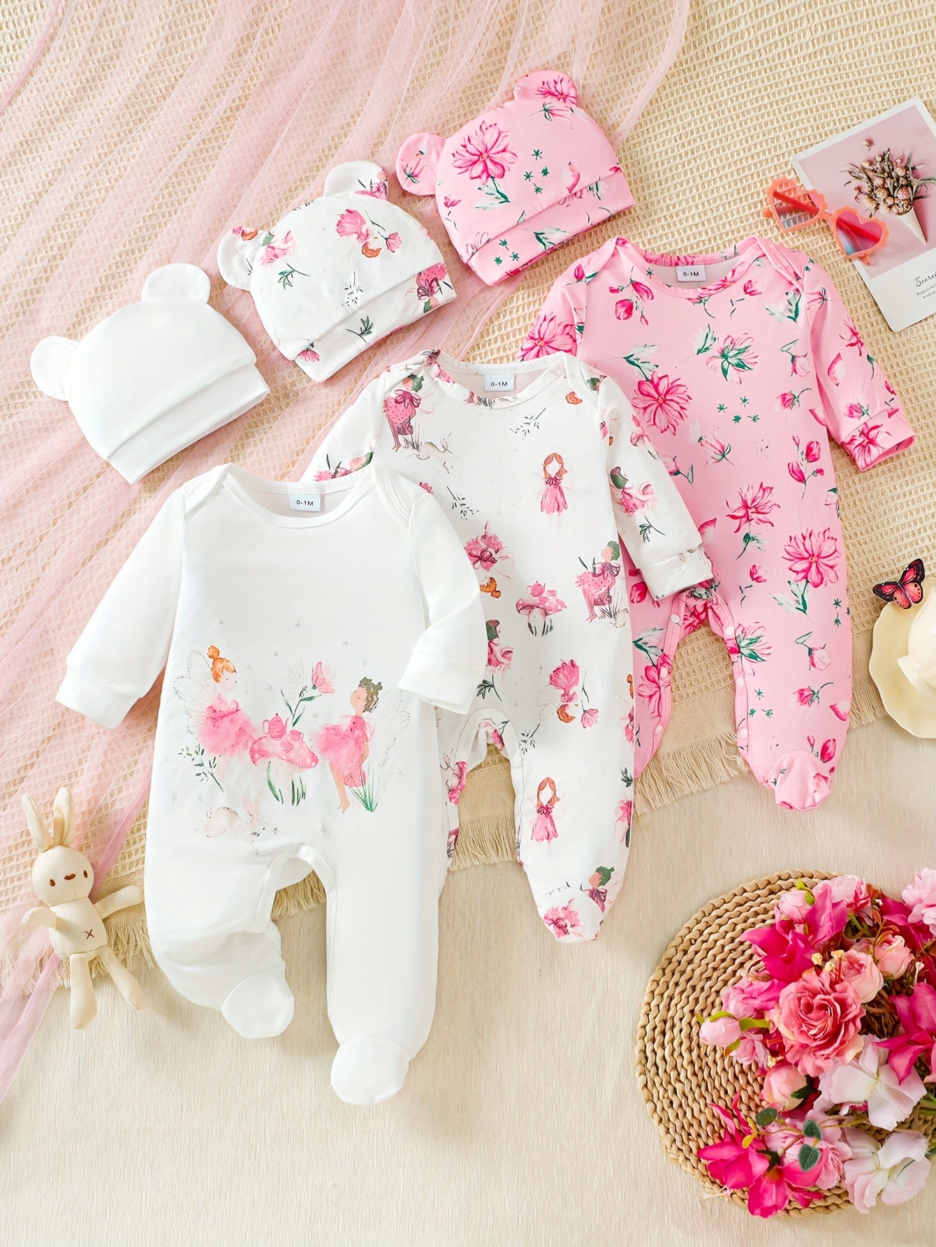 6pcs Newborn Girls' Romper Set – Floral Print Bodysuits with Bunny Hat