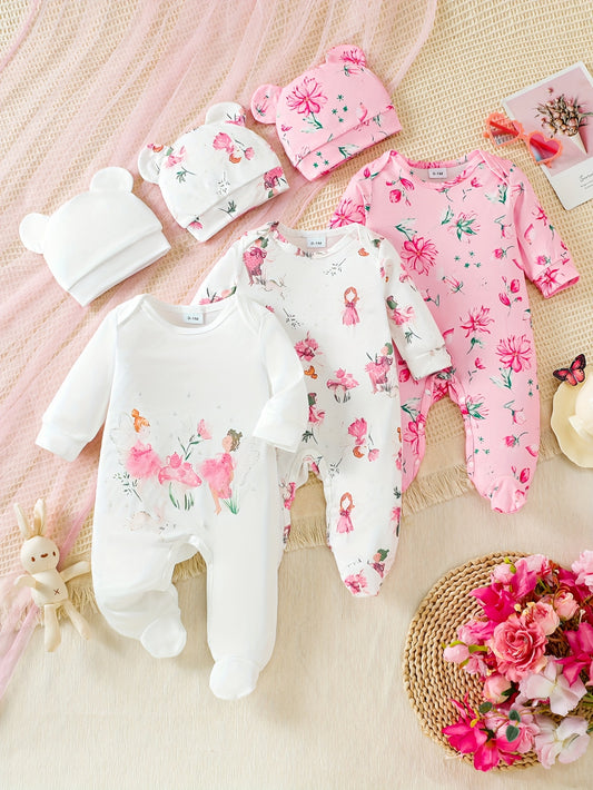 6pcs Newborn Girls' Romper Set – Floral Print Bodysuits with Bunny Hat