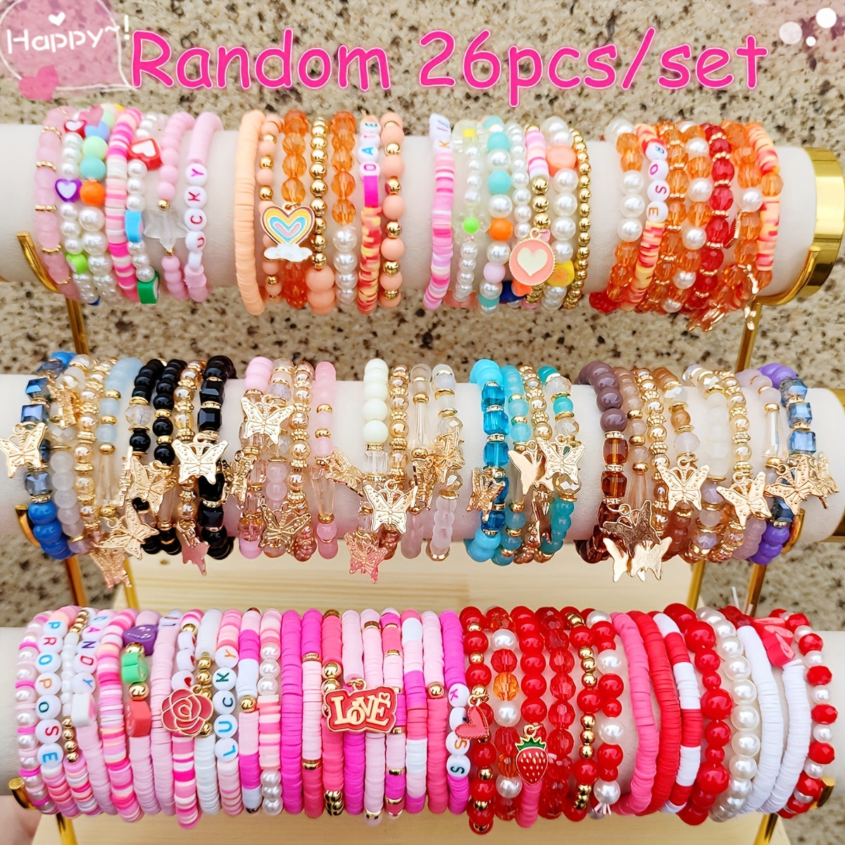26pcs Valentine's Bracelet Set – Soft Clay & Imitation Pearls (Random Styles)