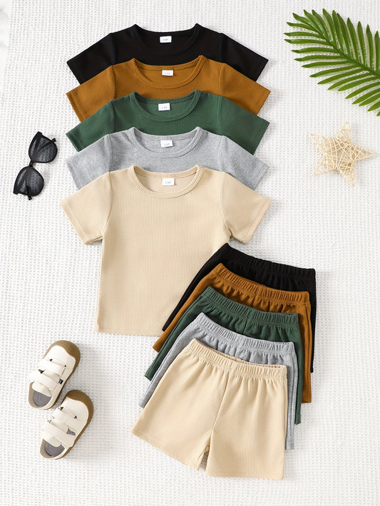 Baby Boy Waffle Fabric Outfit Set – 5pcs/10pcs, Breathable & Outdoor-Ready