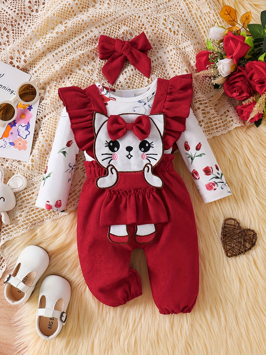 Girls' 3pcs Fall/Winter Set – Floral Romper, Kitten Overalls & Headband
