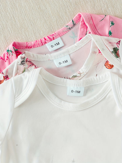 6pcs Newborn Girls' Romper Set – Floral Print Bodysuits with Bunny Hat