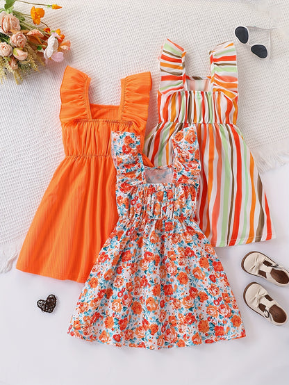 Girls' 3pcs Summer Set – Bubble Sleeve Dress with Striped Floral Print