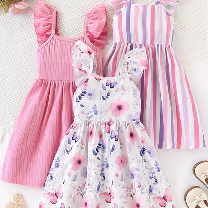 Girls' 3pcs Summer Set – Bubble Sleeve Dress with Striped Floral Print