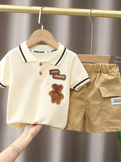 Baby Boy 2pcs Bear Outfit – Golf Shirt & Pocket Shorts (Summer Casual)