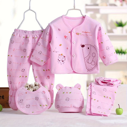 Newborn 5pcs Outfit Set – Cotton Clothes with Bear Hat & Bib (0–3 Months)