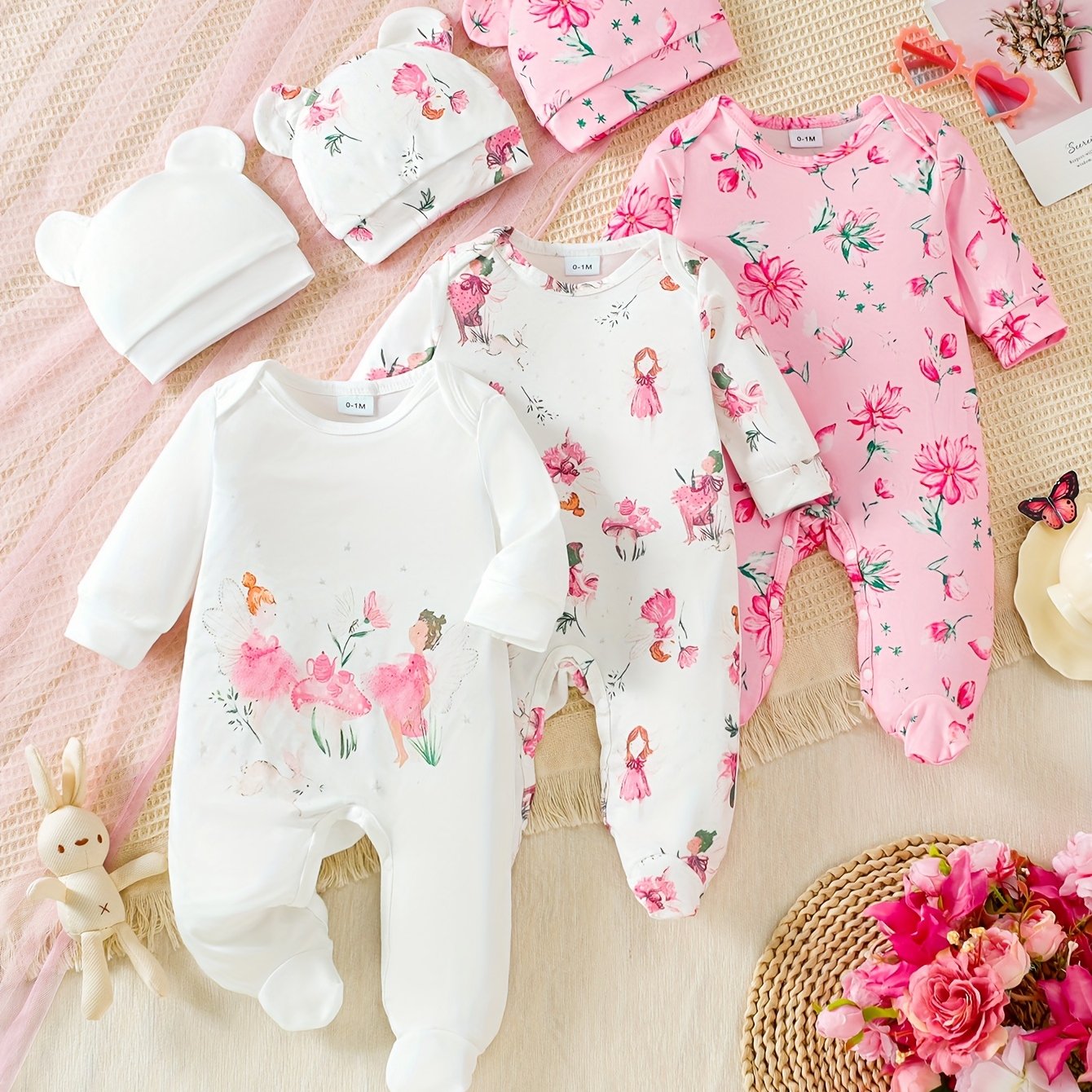 6pcs Newborn Girls' Romper Set – Floral Print Bodysuits with Bunny Hat