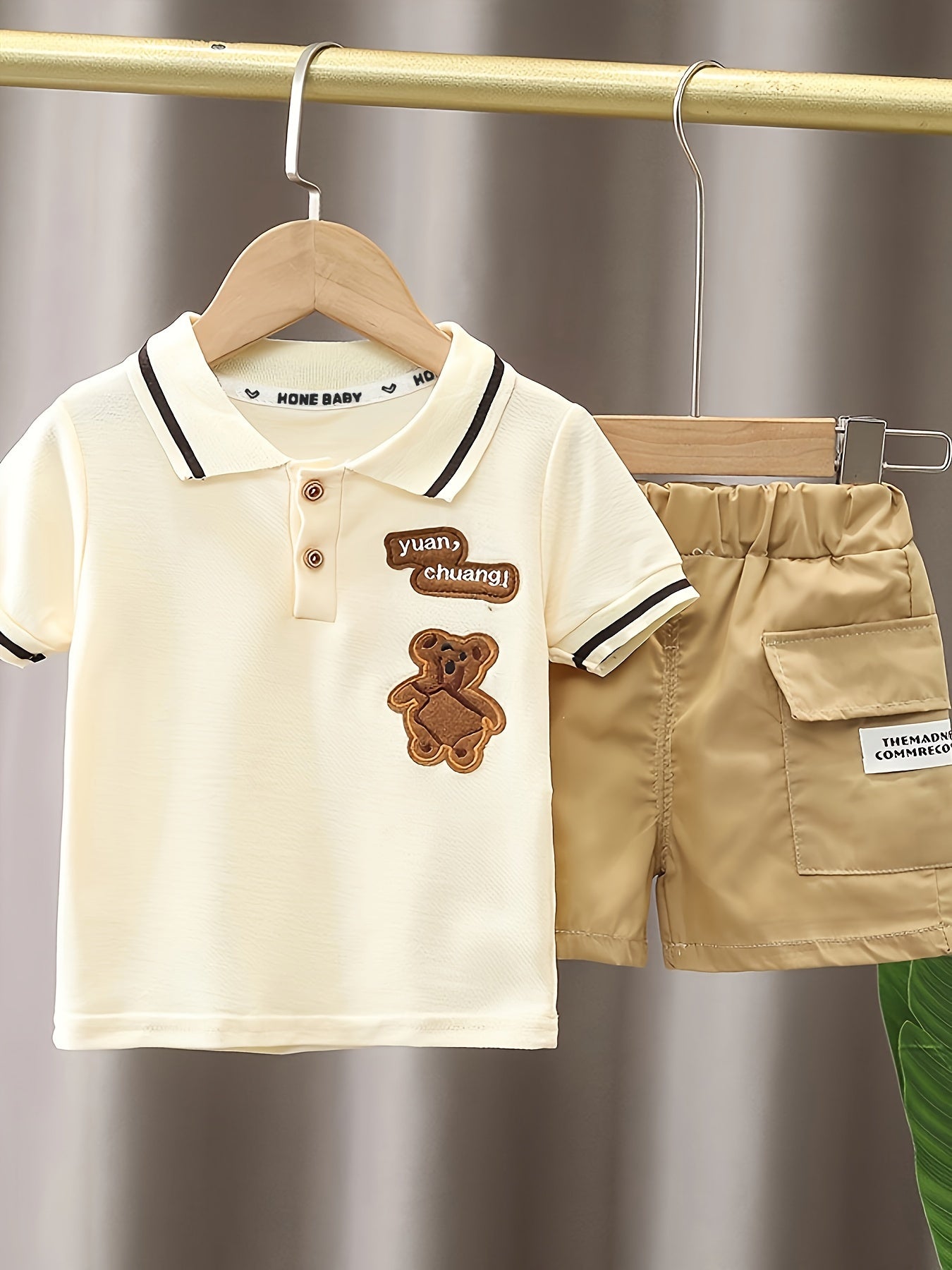 Baby Boy 2pcs Bear Outfit – Golf Shirt & Pocket Shorts (Summer Casual)