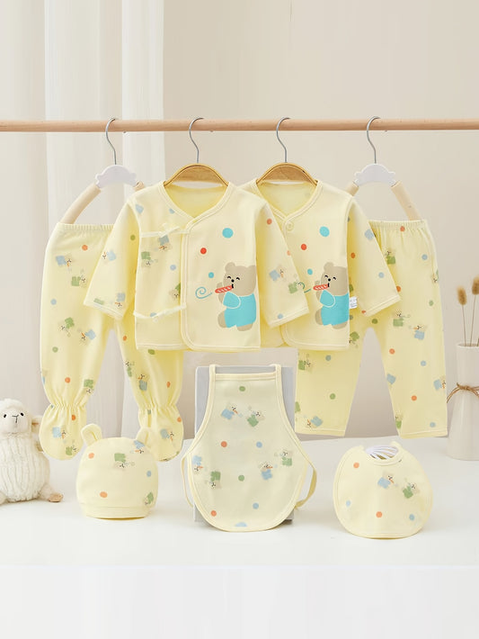 7-Piece Baby Girl Cotton Set – Cute Bear & Bunny Prints, All-Season Comfort