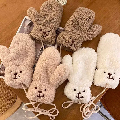 Cozy White Teddy Bear Face Plush Mittens - Connected Winter Fleece Gloves