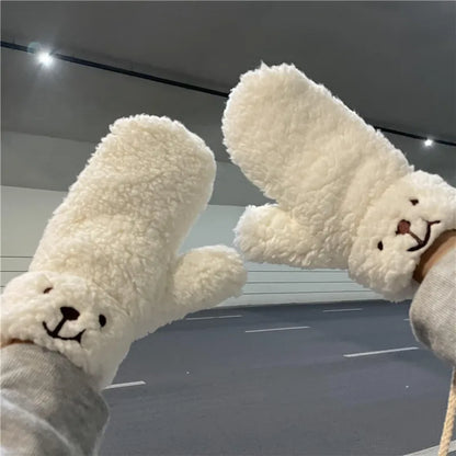 Cozy White Teddy Bear Face Plush Mittens - Connected Winter Fleece Gloves