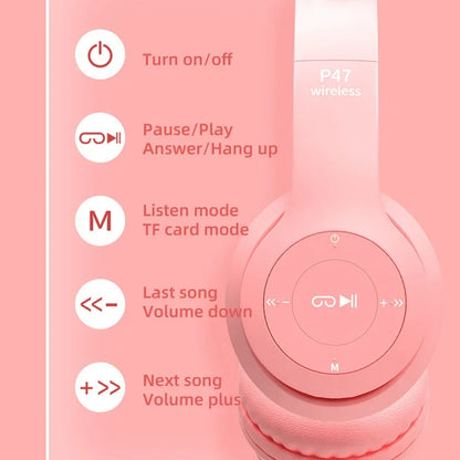 P47M Wireless Headphones – Cat Ear LED, Bluetooth, Mic & Stereo Sound