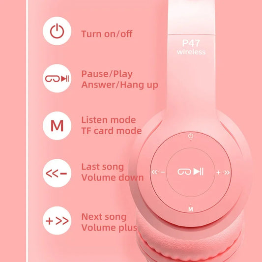 P47M Wireless Headphones – Cat Ear LED, Bluetooth, Mic & Stereo Sound