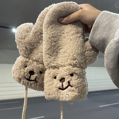 Cozy White Teddy Bear Face Plush Mittens - Connected Winter Fleece Gloves
