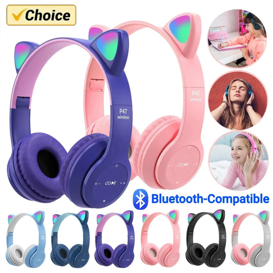P47M Wireless Headphones – Cat Ear LED, Bluetooth, Mic & Stereo Sound