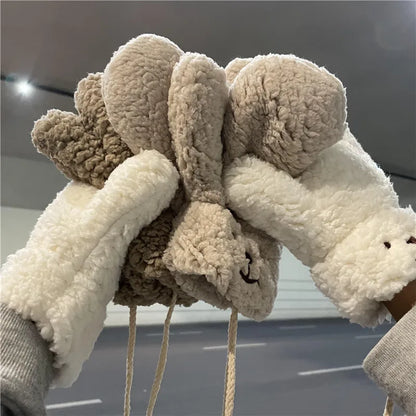Cozy White Teddy Bear Face Plush Mittens - Connected Winter Fleece Gloves