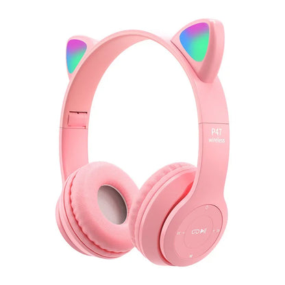 P47M Wireless Headphones – Cat Ear LED, Bluetooth, Mic & Stereo Sound