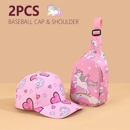 2pcs Unicorn & Hearts Cap + Chest Bag Set – Cute & Play-Ready for Girls