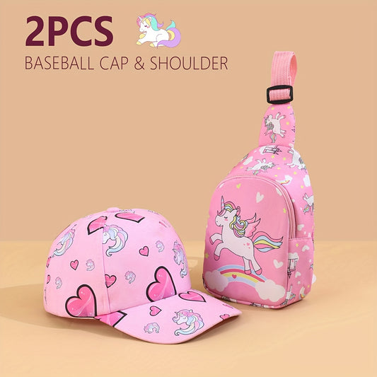 2pcs Unicorn & Hearts Cap + Chest Bag Set – Cute & Play-Ready for Girls