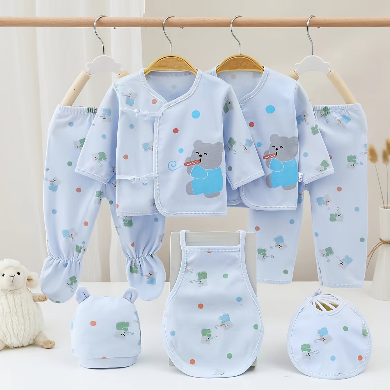 7-Piece Baby Girl Cotton Set – Cute Bear & Bunny Prints, All-Season Comfort