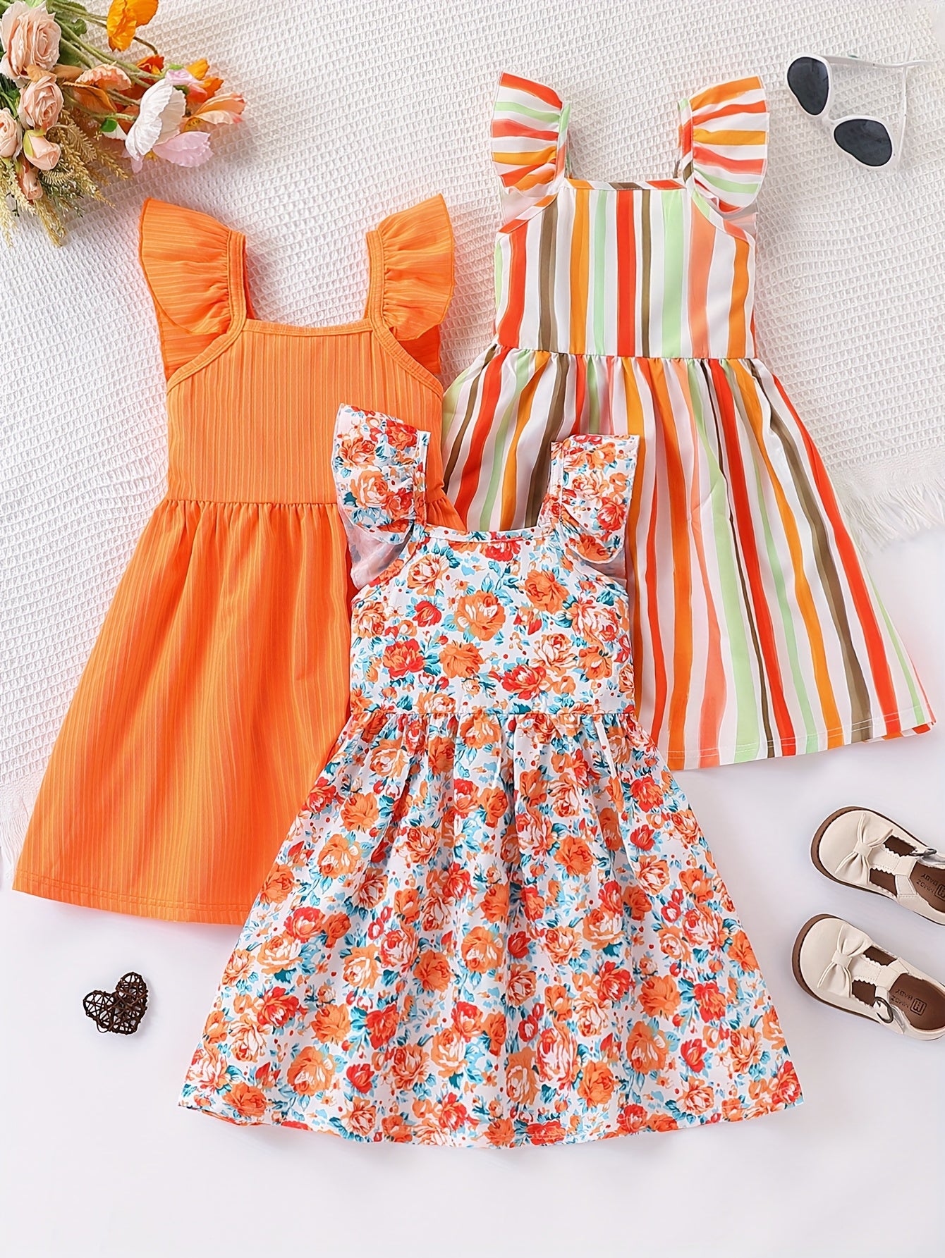Girls' 3pcs Summer Set – Bubble Sleeve Dress with Striped Floral Print