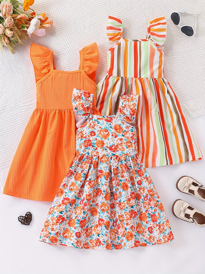 Girls' 3pcs Summer Set – Bubble Sleeve Dress with Striped Floral Print