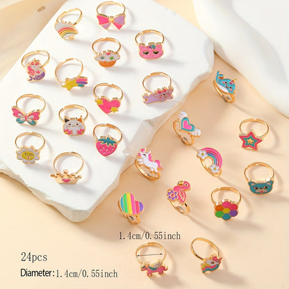 24pcs Kids' Rose Gold Rings – Candy Colors in Heart Gift Box