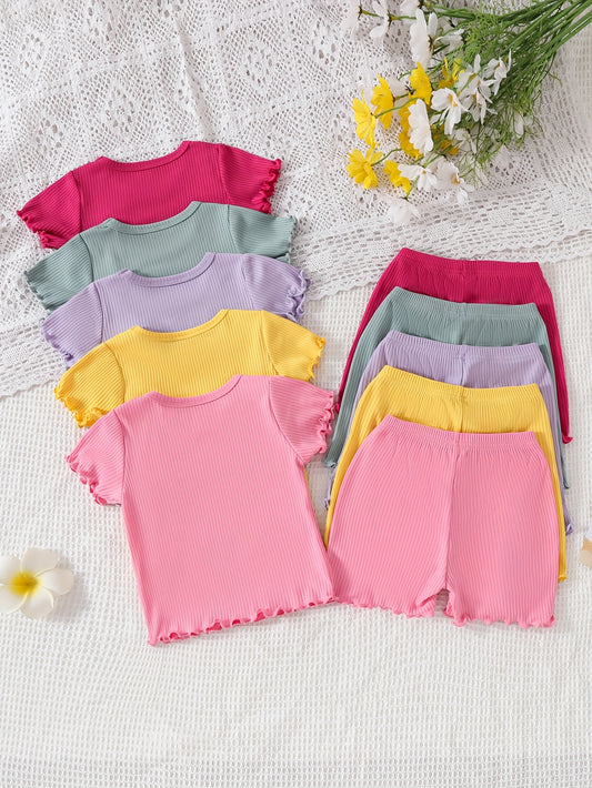 Girls' 10pcs Summer Set – Striped & Embroidered Tops with Lace Details & Matching Shorts