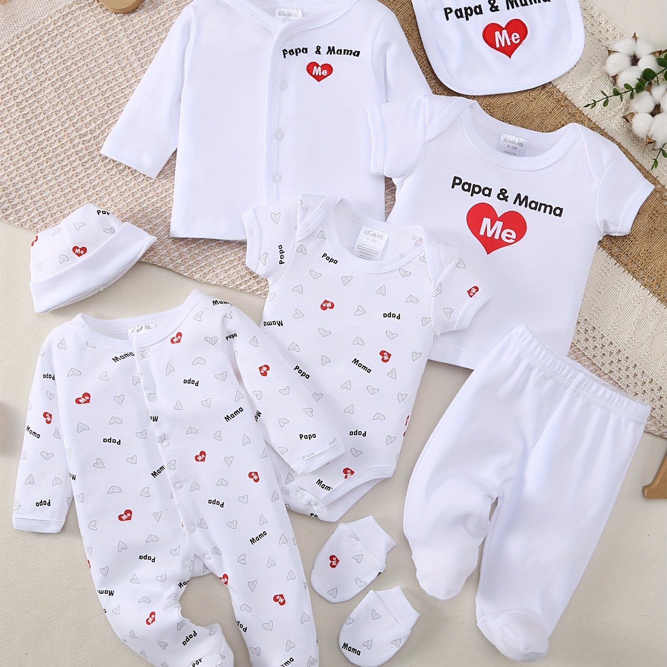 8pcs Baby Outfit Set – Peach Heart Print, Embroidered Essentials for Spring/Summer