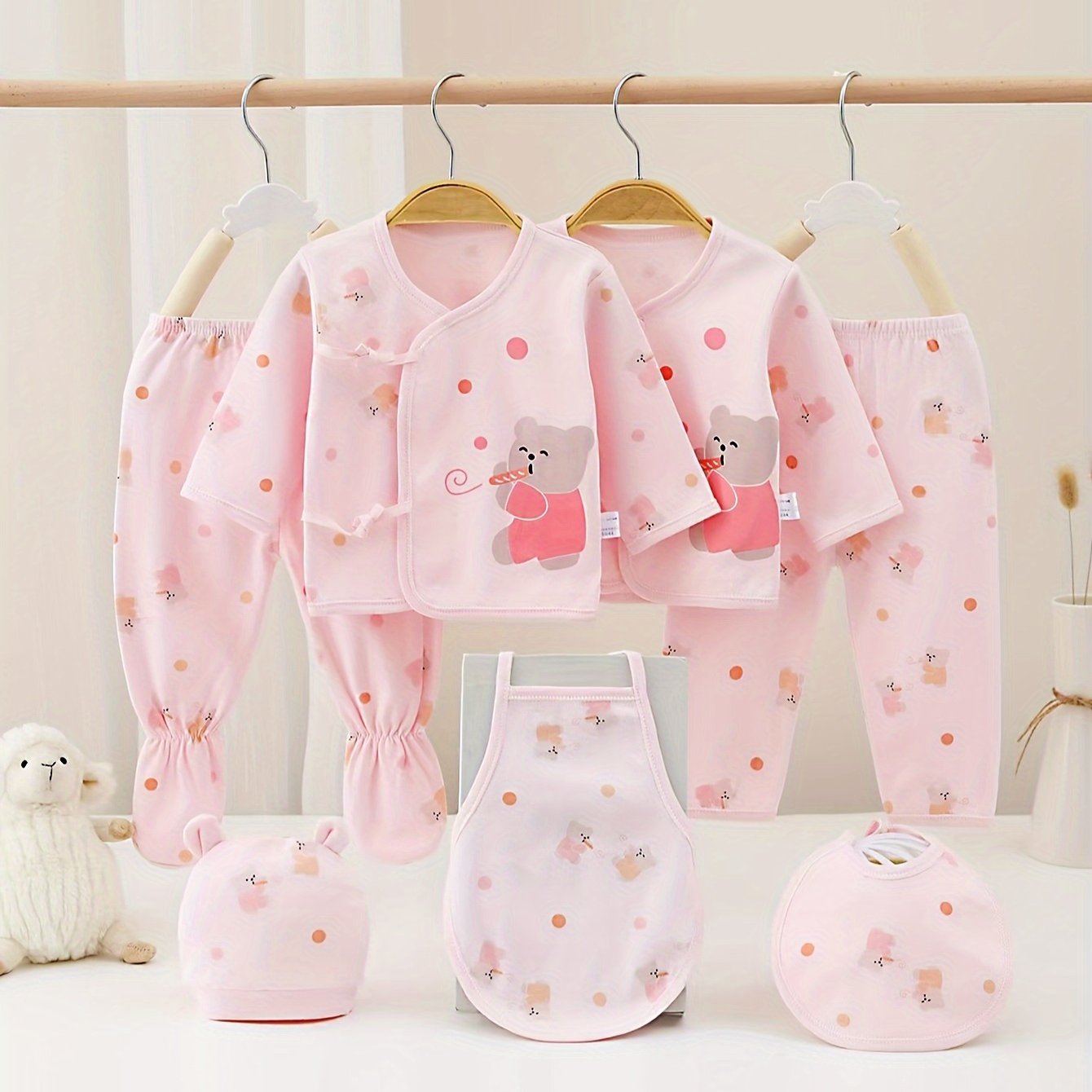7-Piece Baby Girl Cotton Set – Cute Bear & Bunny Prints, All-Season Comfort