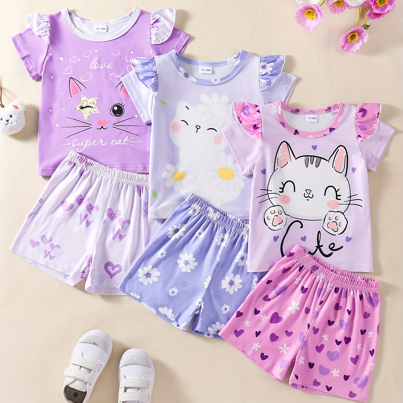 Girls' 3pcs Summer Outfit – Cat & Animal Prints, Comfy & Washable