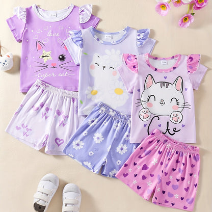 Girls' 3pcs Summer Outfit – Cat & Animal Prints, Comfy & Washable