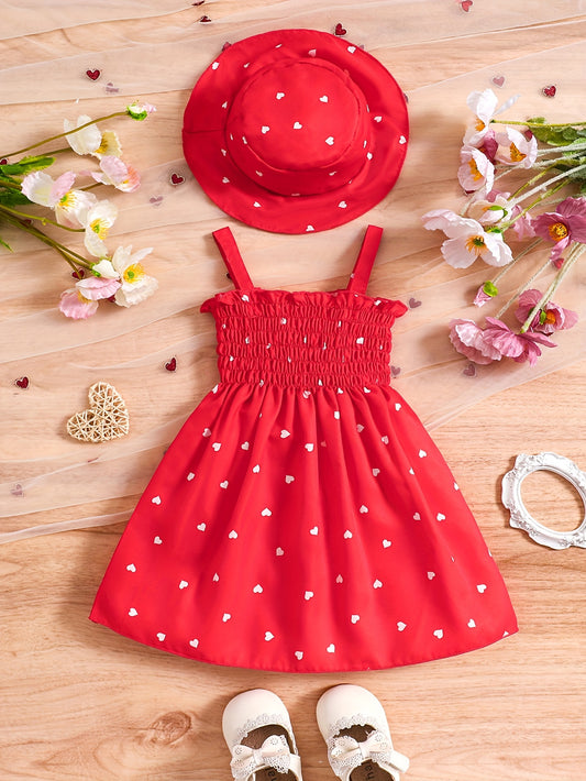Baby Girl 2pcs Set – Heart Halter Dress & Hat (0–3Y, 2 Colors)