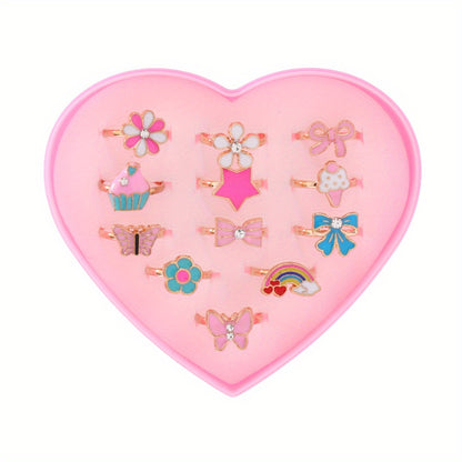 A Set of 12 Cute Golden Cartoon Flower-Shaped Rainbow Rings for Girls.