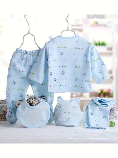 Newborn 5pcs Outfit Set – Cotton Clothes with Bear Hat & Bib (0–3 Months)
