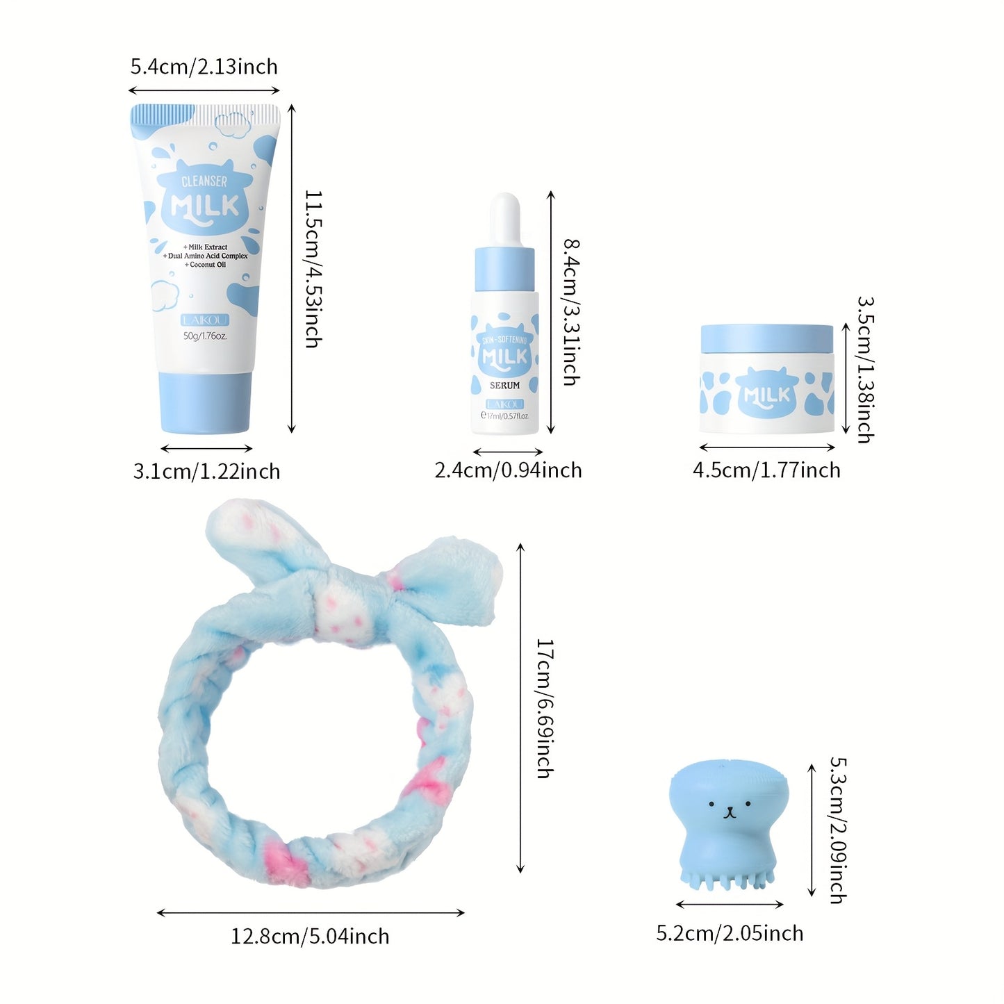 LAIKOU 5pcs Milk Skincare – Cleanser, Serum, Cream & Tools