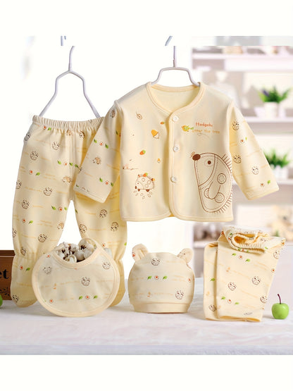 Newborn 5pcs Outfit Set – Cotton Clothes with Bear Hat & Bib (0–3 Months)