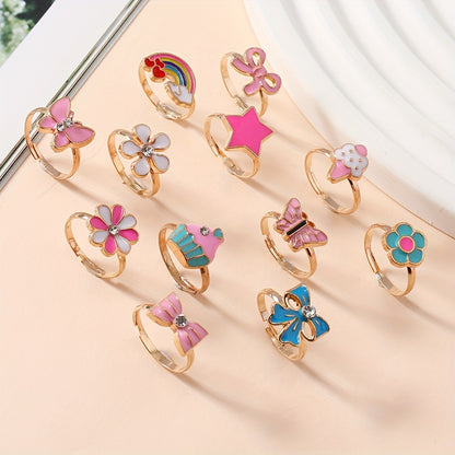 A Set of 12 Cute Golden Cartoon Flower-Shaped Rainbow Rings for Girls.