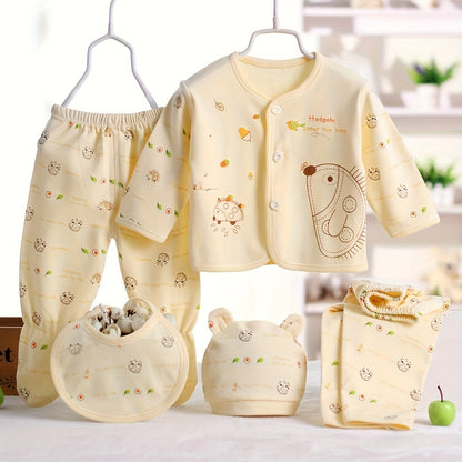 Newborn 5pcs Outfit Set – Cotton Clothes with Bear Hat & Bib (0–3 Months)