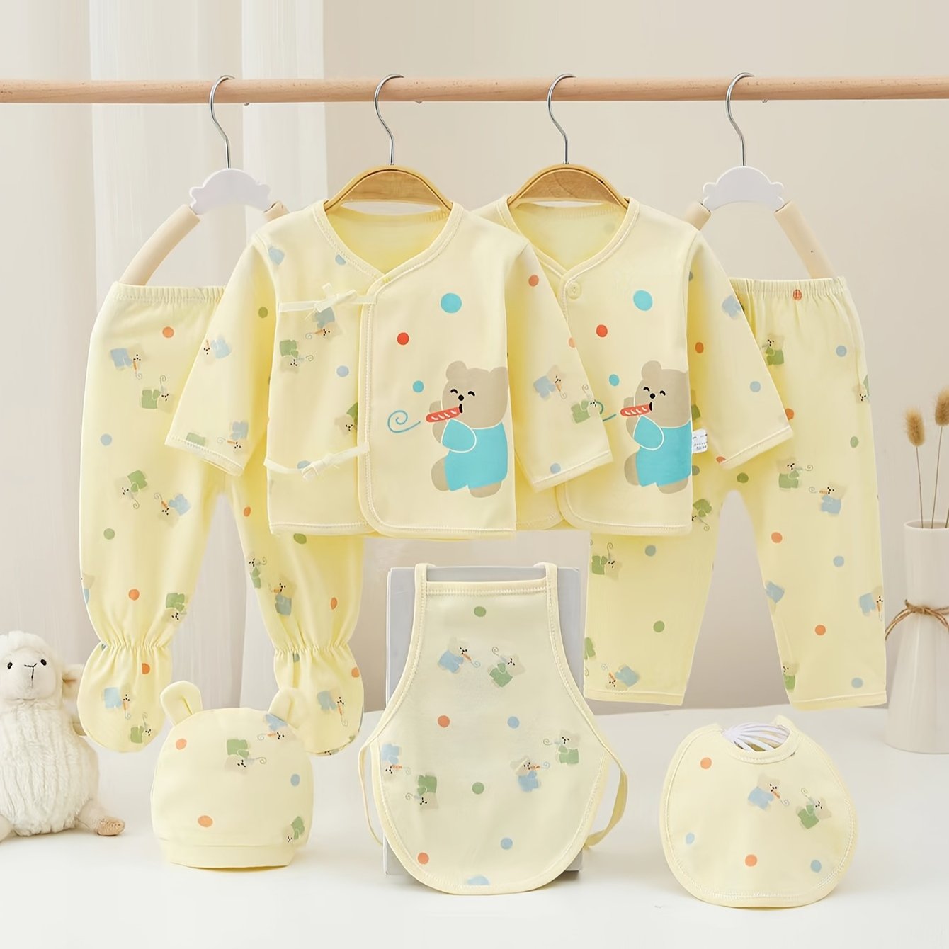 7-Piece Baby Girl Cotton Set – Cute Bear & Bunny Prints, All-Season Comfort
