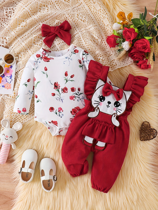 Girls' 3pcs Fall/Winter Set – Floral Romper, Kitten Overalls & Headband