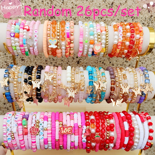 26pcs Valentine's Bracelet Set – Soft Clay & Imitation Pearls (Random Styles)