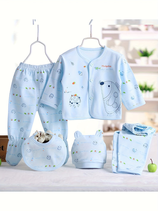 Newborn 5pcs Outfit Set – Cotton Clothes with Bear Hat & Bib (0–3 Months)